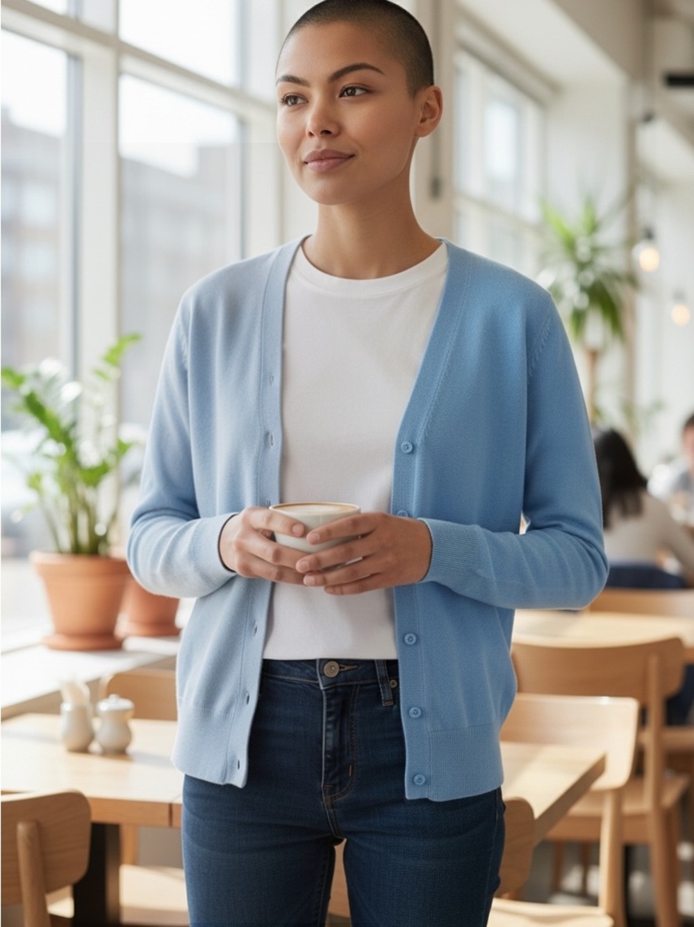 Grace Karin Sky Blue Button-Up Crewneck Cardigan - Picture 3 of 3
